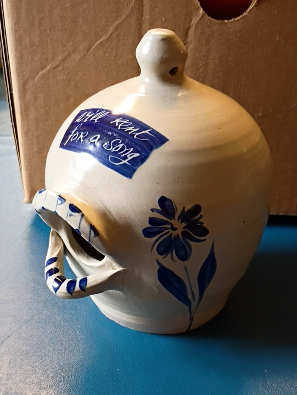 Handcrafted Salt- Glazed Pottery Birdhouse Blue Floral Accents